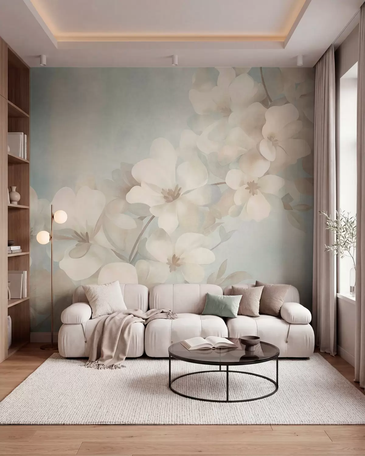 wall murals White flowers on a branch, soft pastel colors, light blue textured background w10107