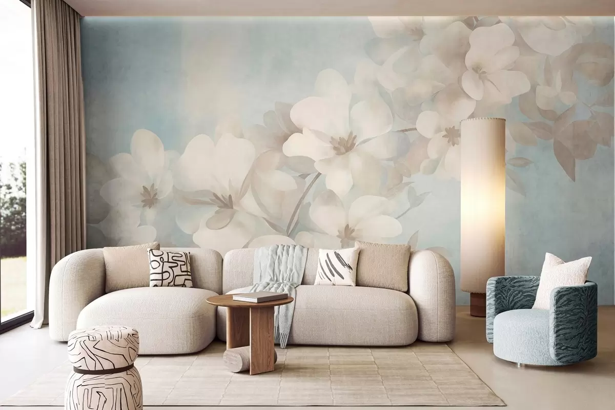 wall murals White flowers on a branch, soft pastel colors, light blue textured background w10107