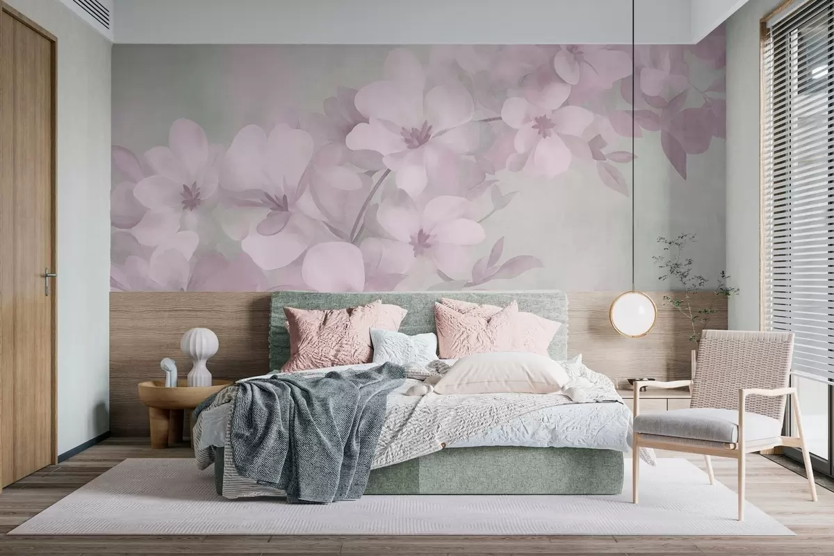 wall murals White flowers on a branch, soft pastel colors, light green textured background w10107v1