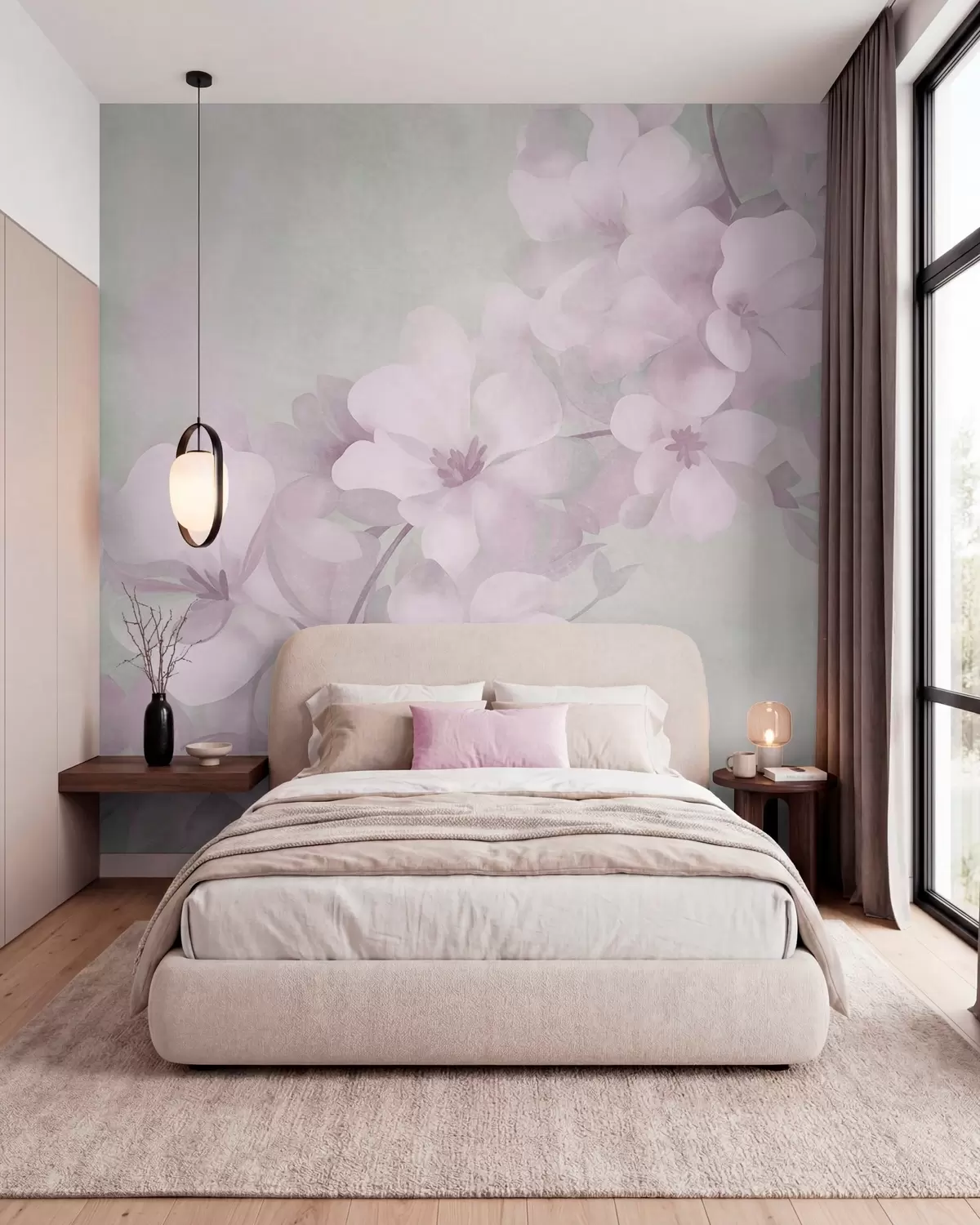 Wall Mural Photo Wallpaper White flowers on a branch, soft pastel colors, light green textured background w10107v1