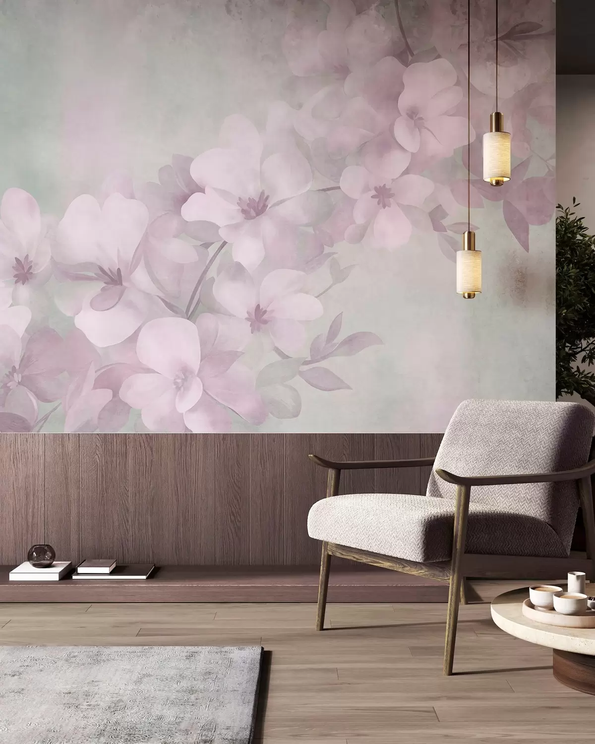 Wall Mural Photo Wallpaper White flowers on a branch, soft pastel colors, light green textured background w10107v1