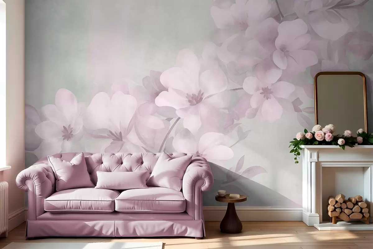 wall murals White flowers on a branch, soft pastel colors, light green textured background w10107v1