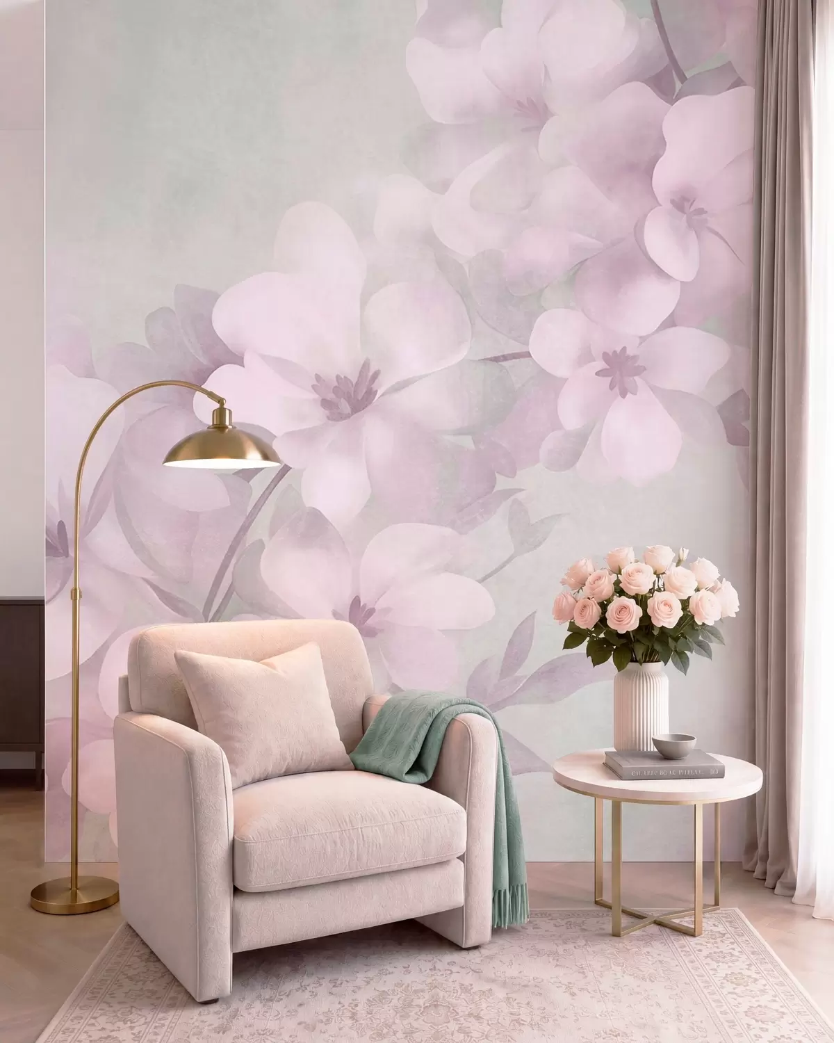 Wall Mural Photo Wallpaper White flowers on a branch, soft pastel colors, light green textured background w10107v1
