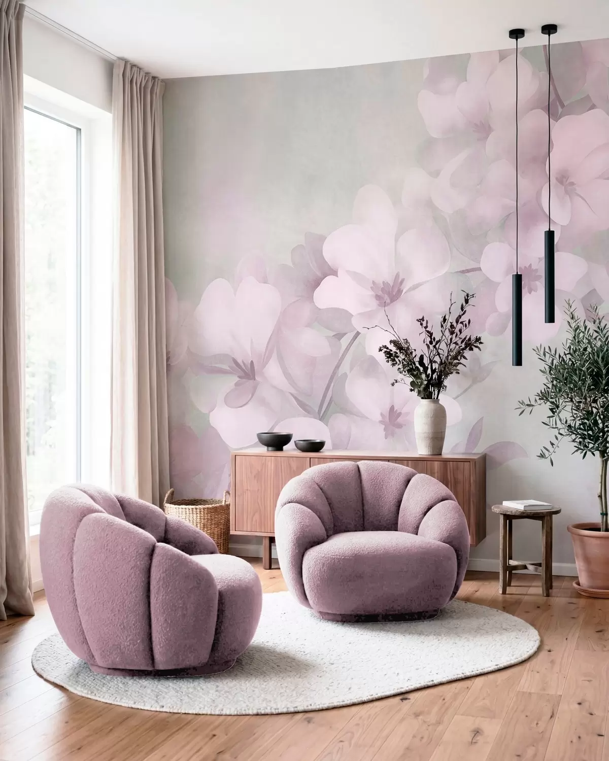 Wall Mural Photo Wallpaper White flowers on a branch, soft pastel colors, light green textured background w10107v1
