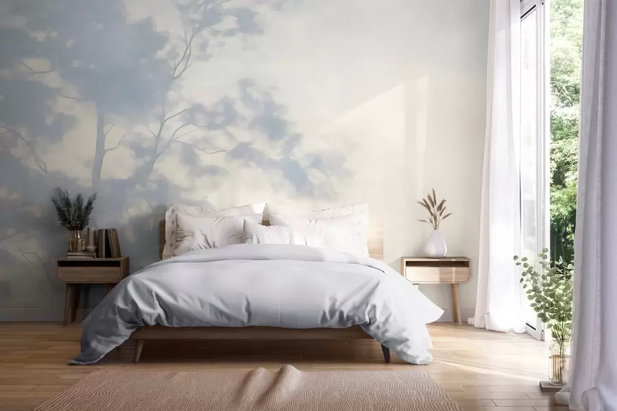 wall murals Textured tree with branches, pale cream and light blue background, minimalist art w10108