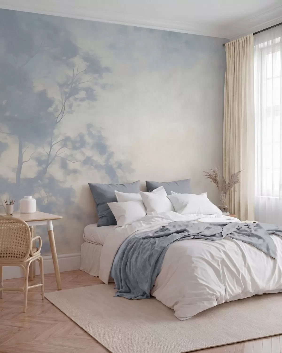wall murals Textured tree with branches, pale cream and light blue background, minimalist art w10108