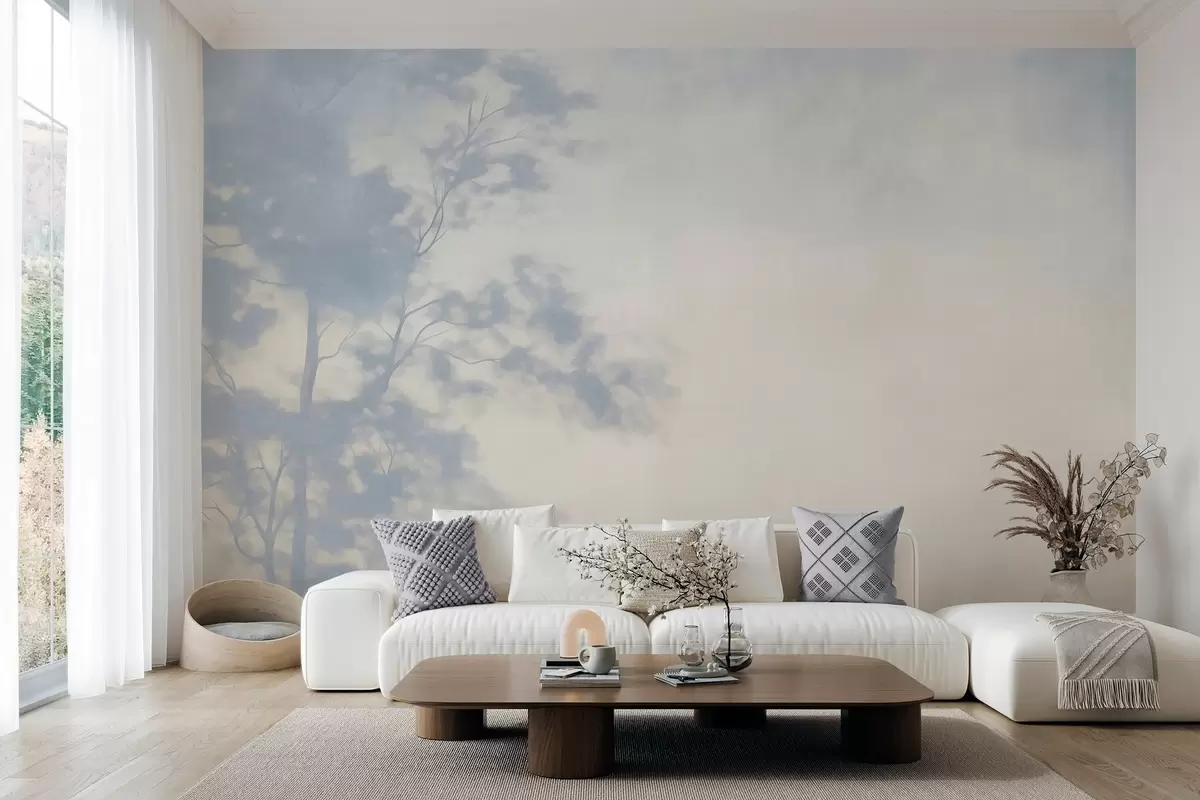 wall murals Textured tree with branches, pale cream and light blue background, minimalist art w10108