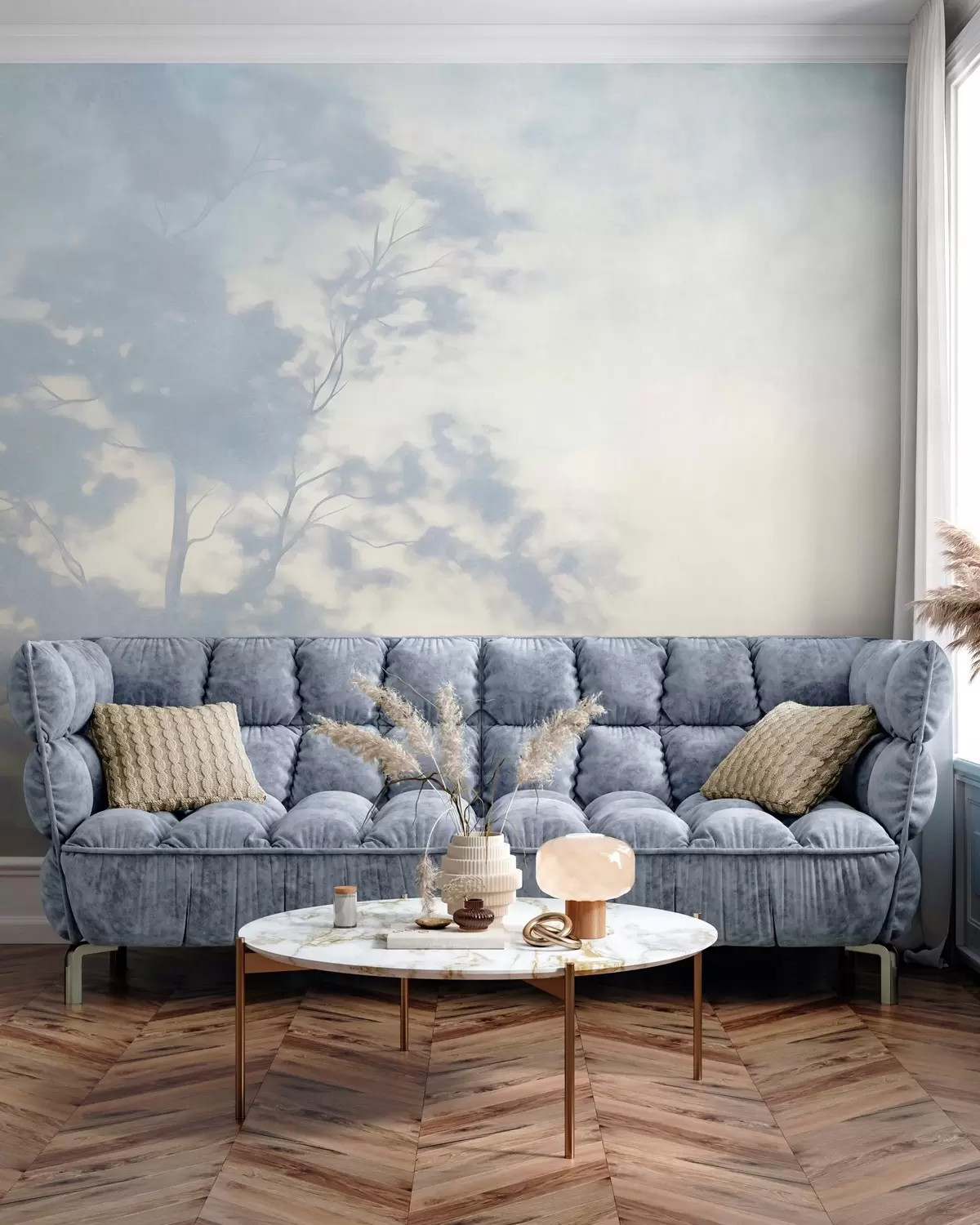 wall murals Textured tree with branches, pale cream and light blue background, minimalist art w10108