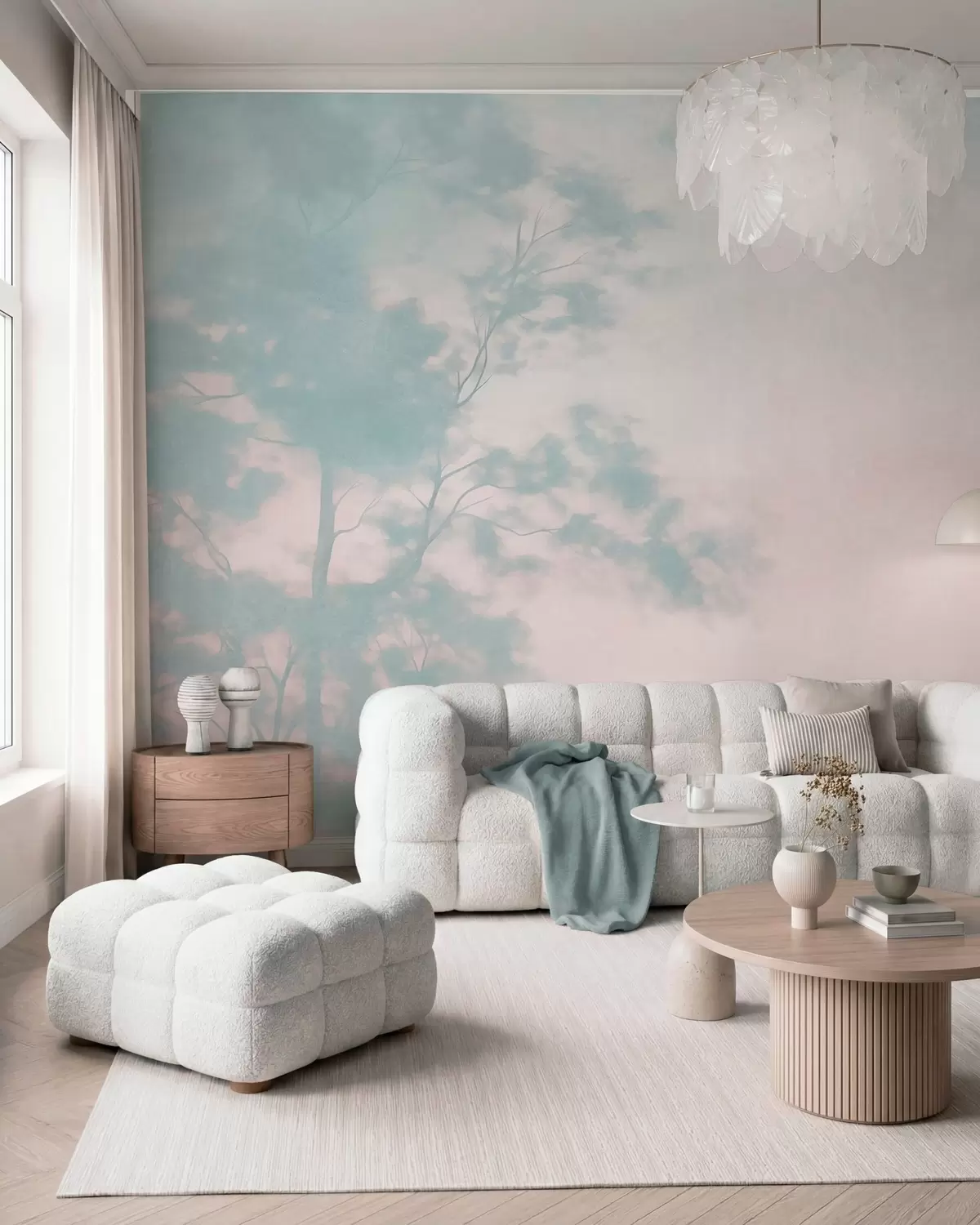 Wall Mural Photo Wallpaper Textured tree with branches, pale pink and turquoise background, minimalist art w10108v1