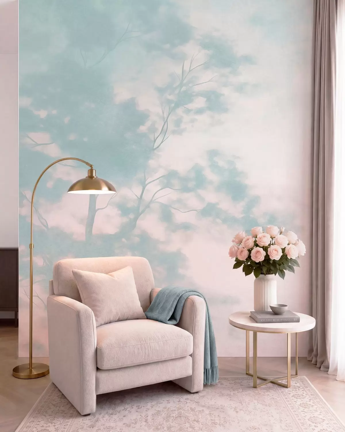 Wall Mural Photo Wallpaper Textured tree with branches, pale pink and turquoise background, minimalist art w10108v1