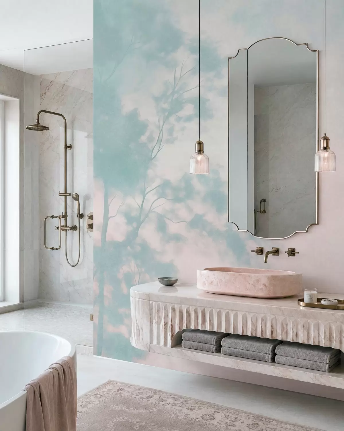 Wall Mural Photo Wallpaper Textured tree with branches, pale pink and turquoise background, minimalist art w10108v1
