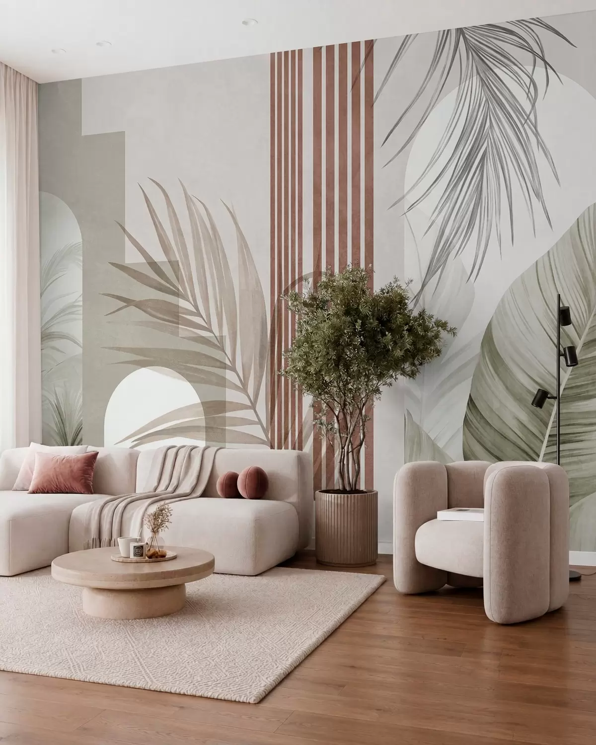 wall murals Abstract composition with palm leaves, geometric arches, and vertical stripes w10110