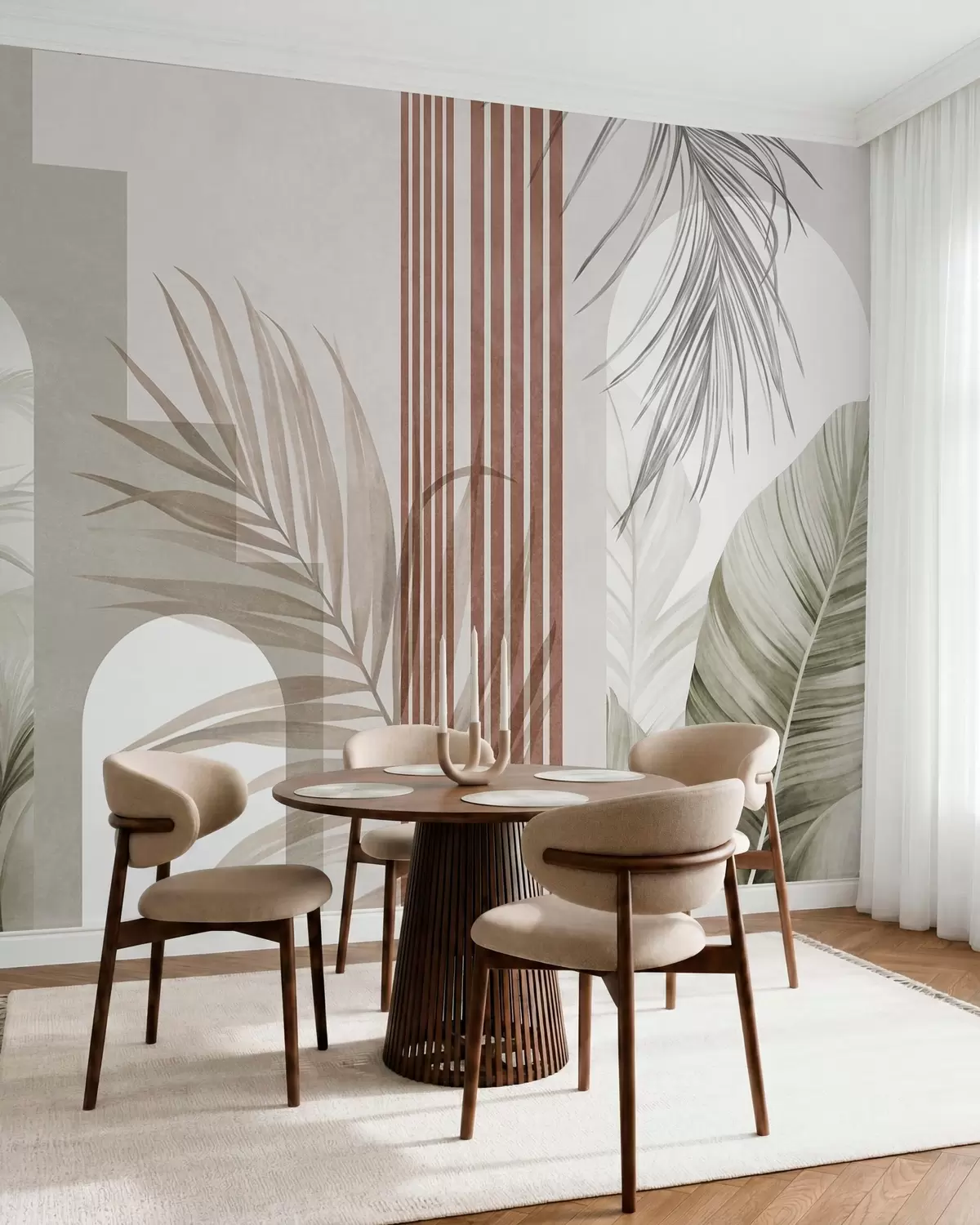 wall murals Abstract composition with palm leaves, geometric arches, and vertical stripes w10110