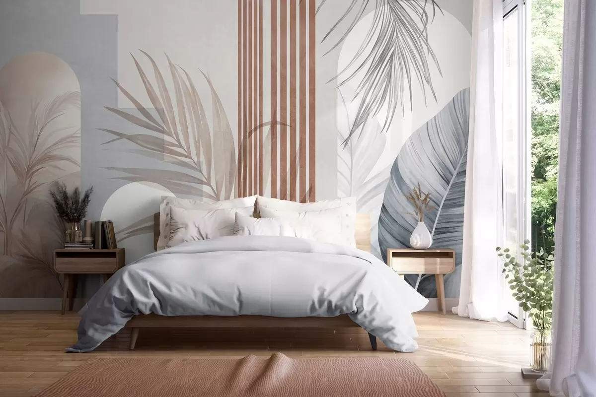 wall murals Abstract composition with palm leaves, geometric arches, and vertical stripes w10110v1