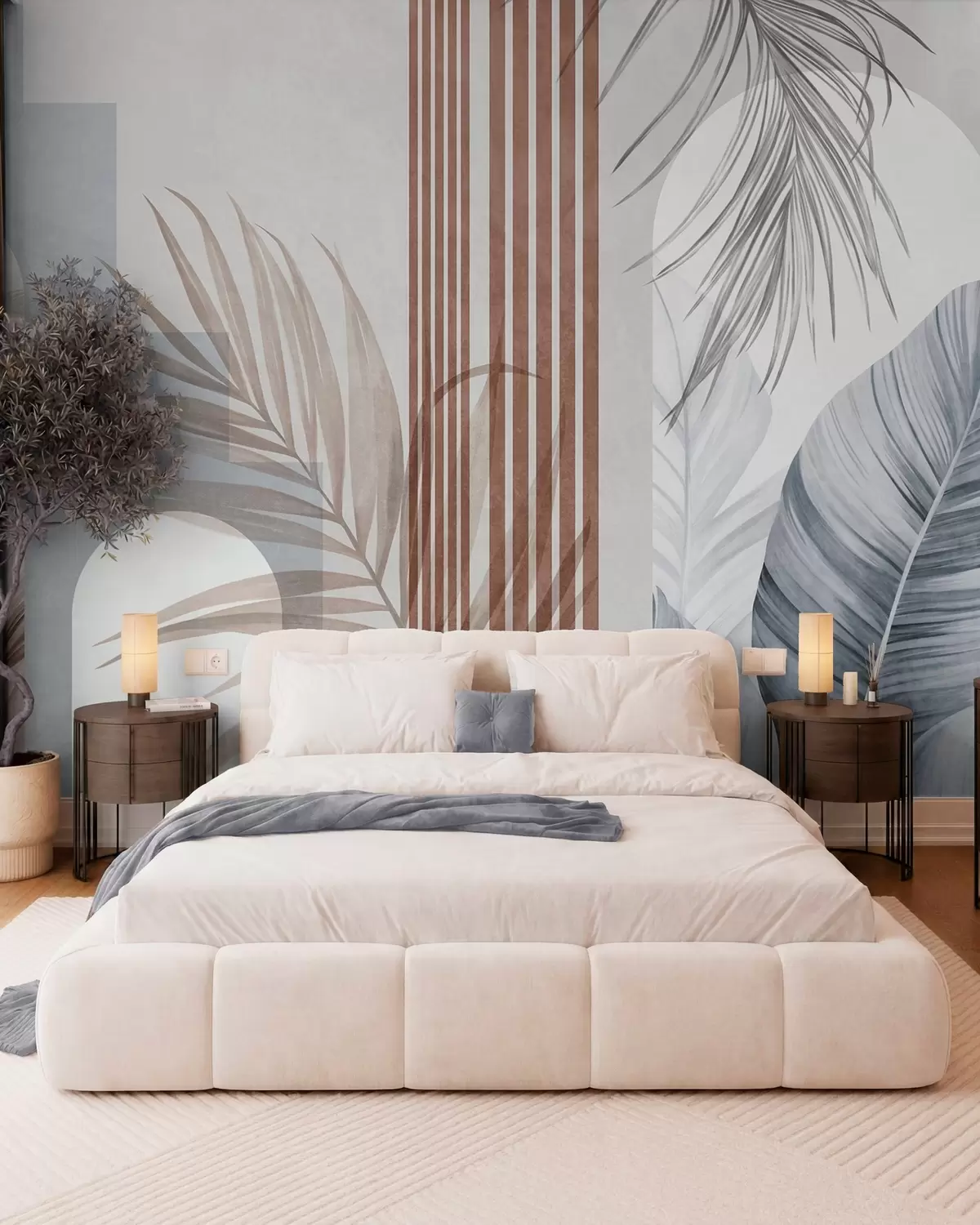 Wall Mural Photo Wallpaper Abstract composition with palm leaves, geometric arches, and vertical stripes w10110v1
