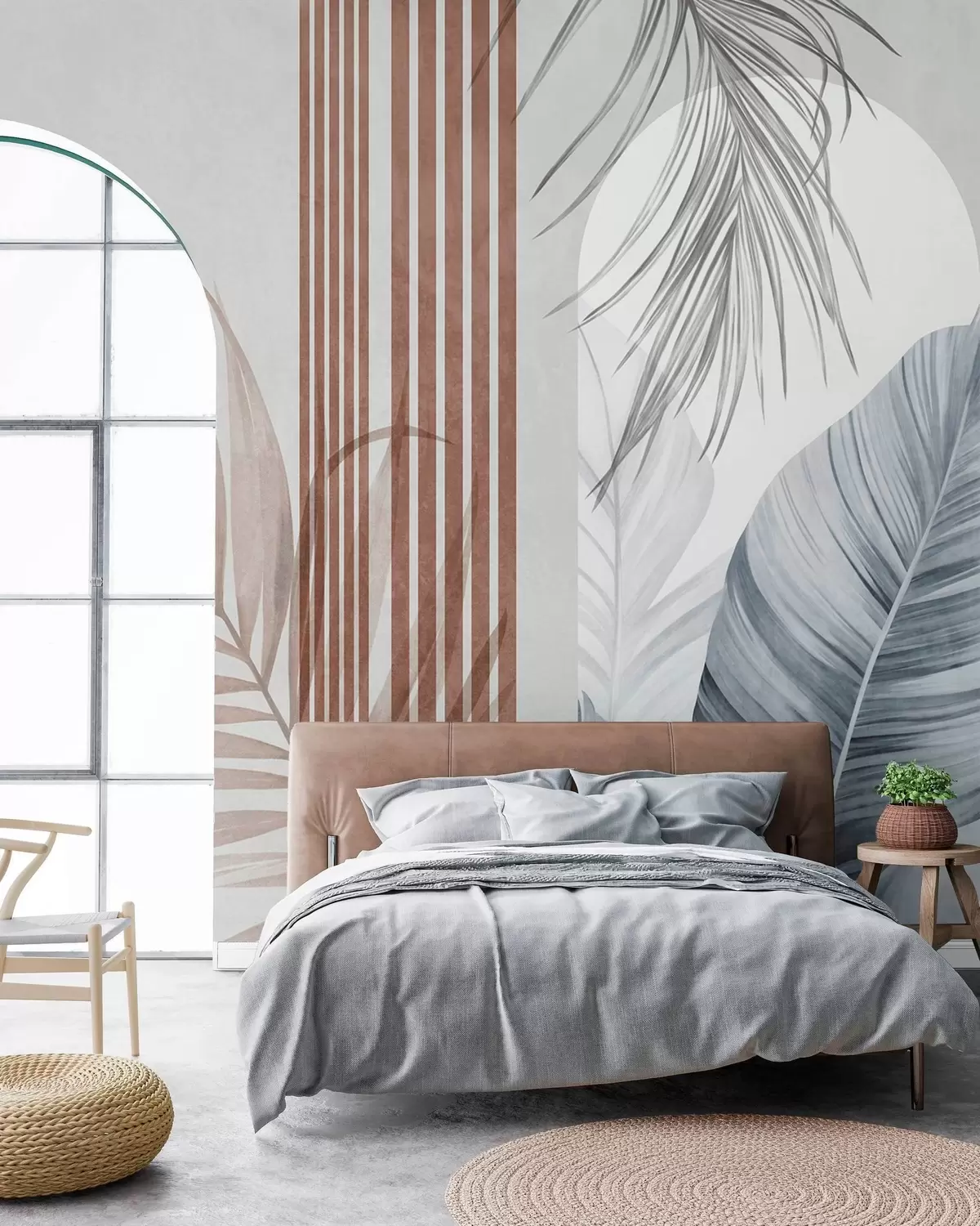 Wall Mural Photo Wallpaper Abstract composition with palm leaves, geometric arches, and vertical stripes w10110v1