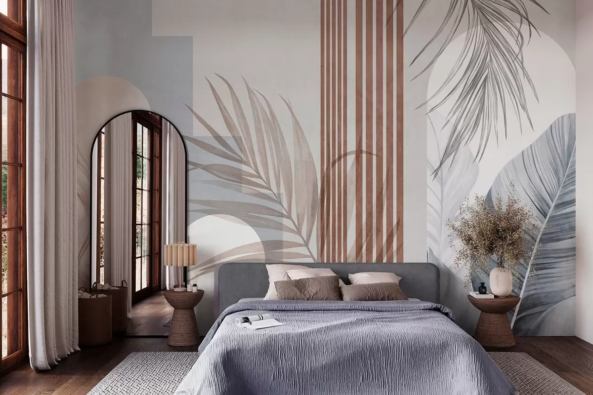 wall murals Abstract composition with palm leaves, geometric arches, and vertical stripes w10110v1