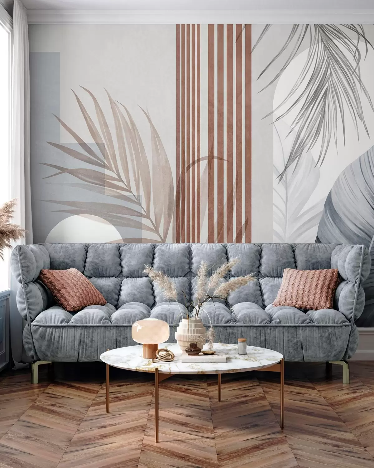 Wall Mural Photo Wallpaper Abstract composition with palm leaves, geometric arches, and vertical stripes w10110v1