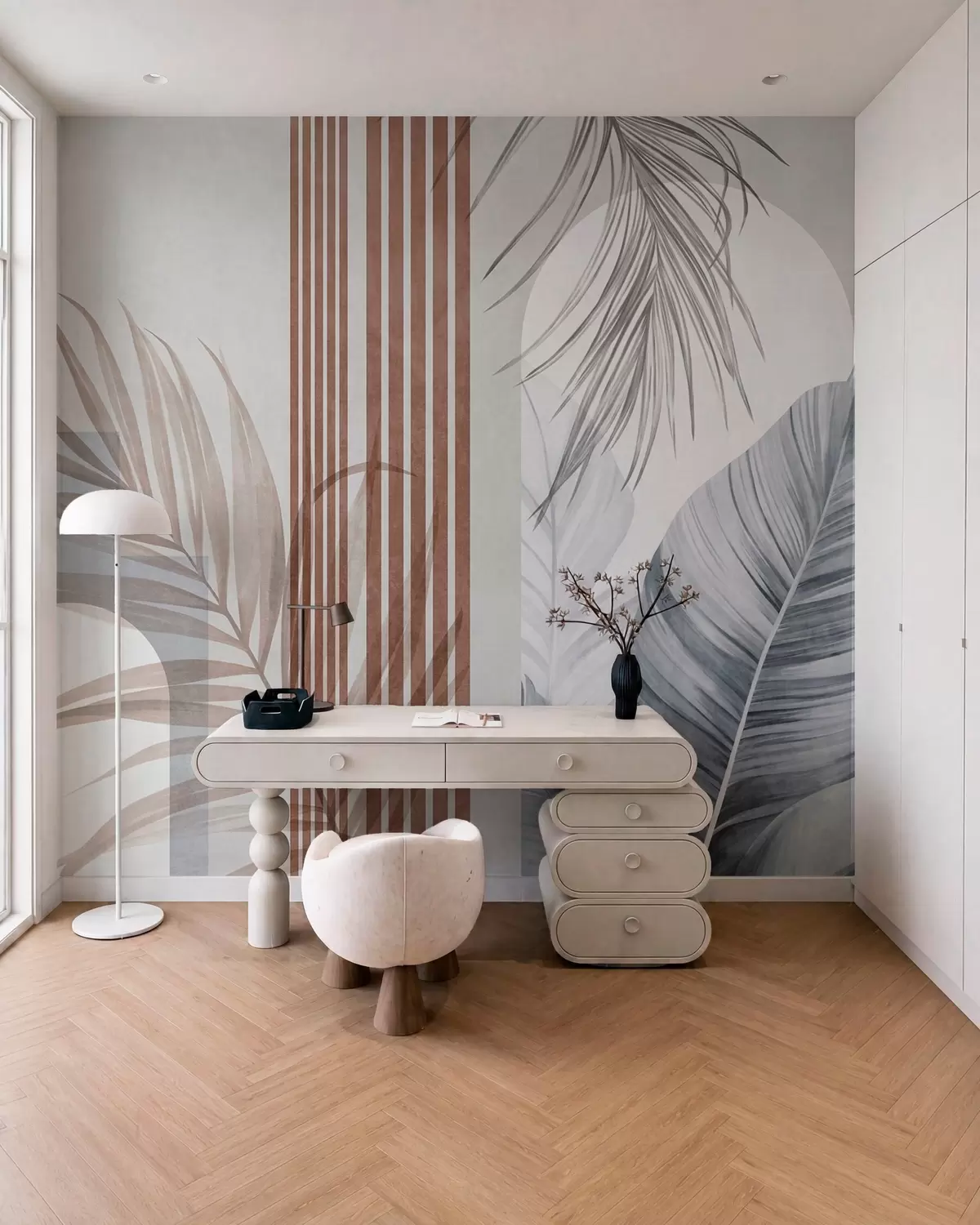 Wall Mural Photo Wallpaper Abstract composition with palm leaves, geometric arches, and vertical stripes w10110v1