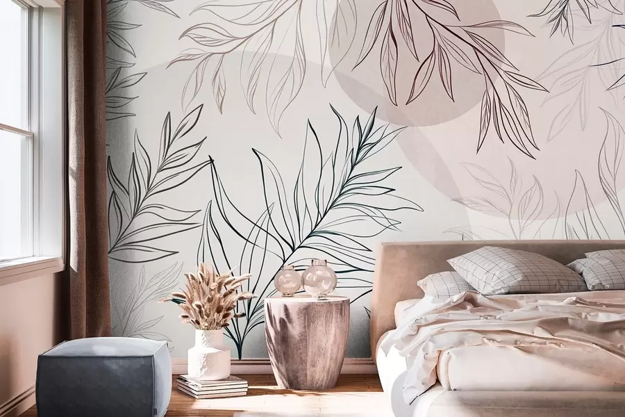 wall murals Minimalist line art of tropical leaves and foliage, pastel circular shapes w10111