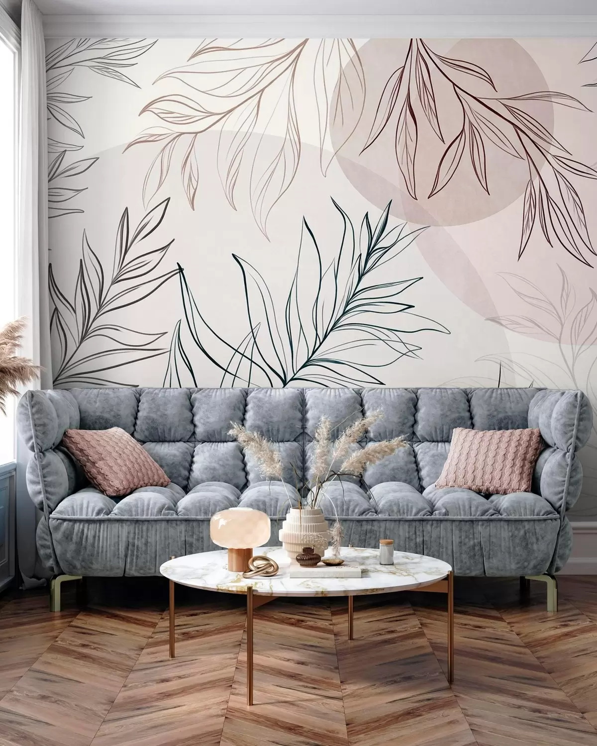 wall murals Minimalist line art of tropical leaves and foliage, pastel circular shapes w10111