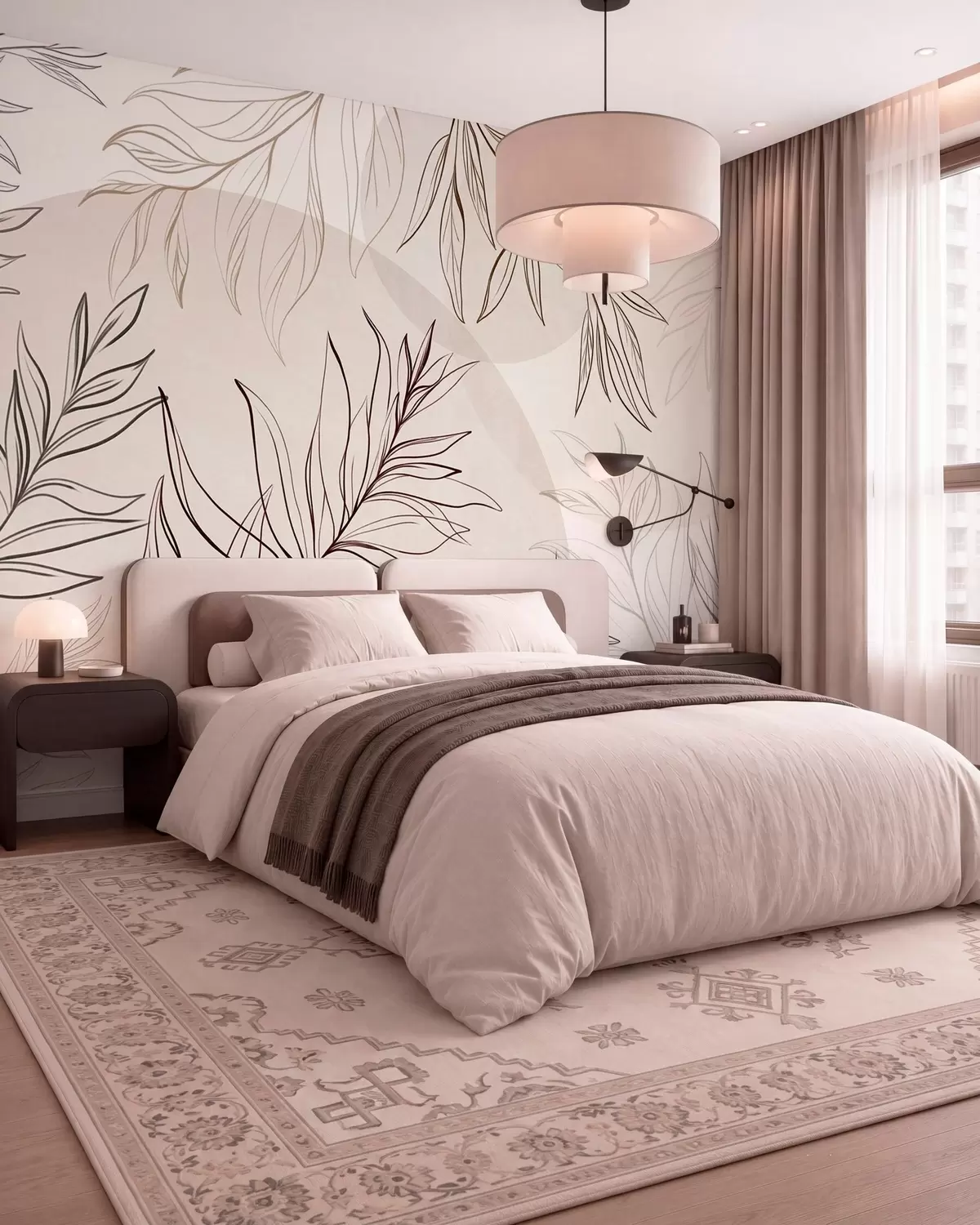 Wall Mural Photo Wallpaper Minimalist line art of tropical leaves and foliage, pastel circular shapes w10111v1