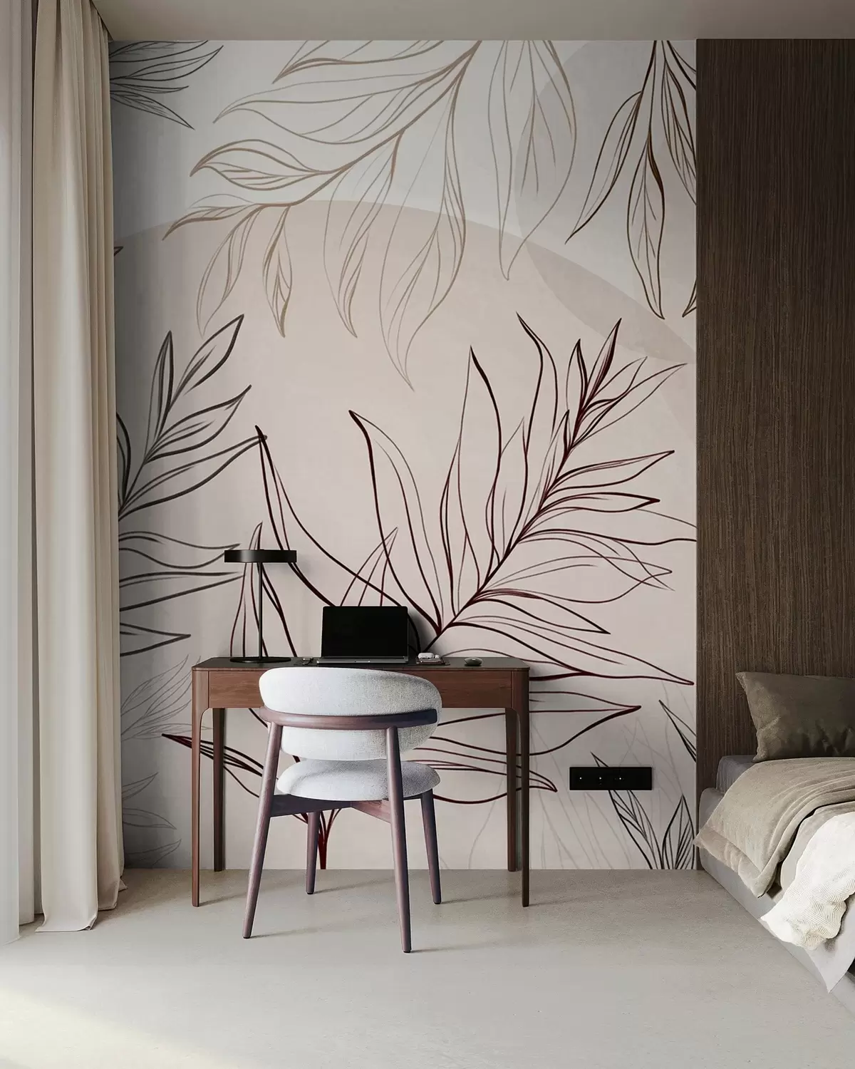Wall Mural Photo Wallpaper Minimalist line art of tropical leaves and foliage, pastel circular shapes w10111v1