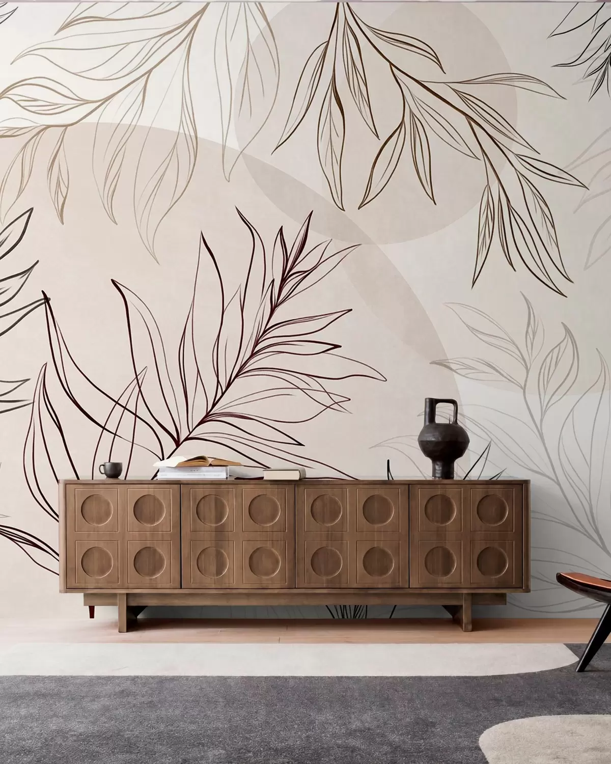 Wall Mural Photo Wallpaper Minimalist line art of tropical leaves and foliage, pastel circular shapes w10111v1