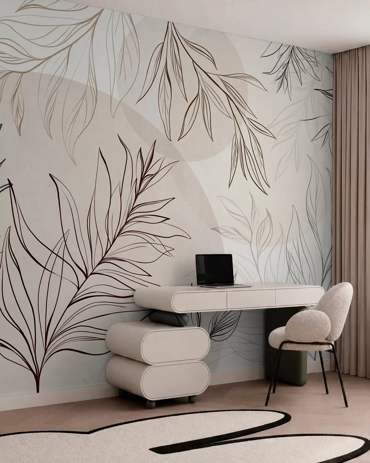 Wall Mural Photo Wallpaper Minimalist line art of tropical leaves and foliage, pastel circular shapes w10111v1