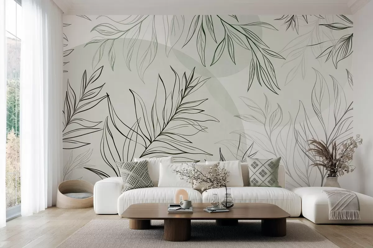 wall murals Minimalist line art of tropical leaves and foliage, pastel circular shapes w10111v2