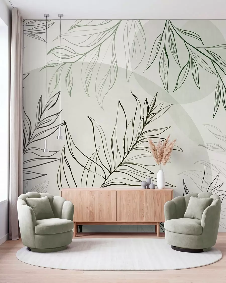 wall murals Minimalist line art of tropical leaves and foliage, pastel circular shapes w10111v2