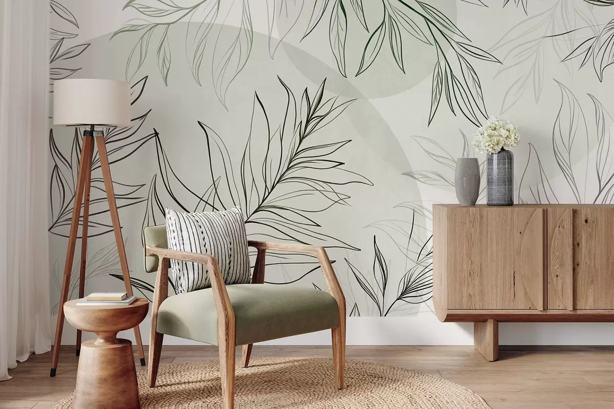 wall murals Minimalist line art of tropical leaves and foliage, pastel circular shapes w10111v2