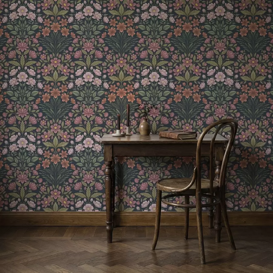 wall murals Pink and terracotta flowers on a dark blue background a01279