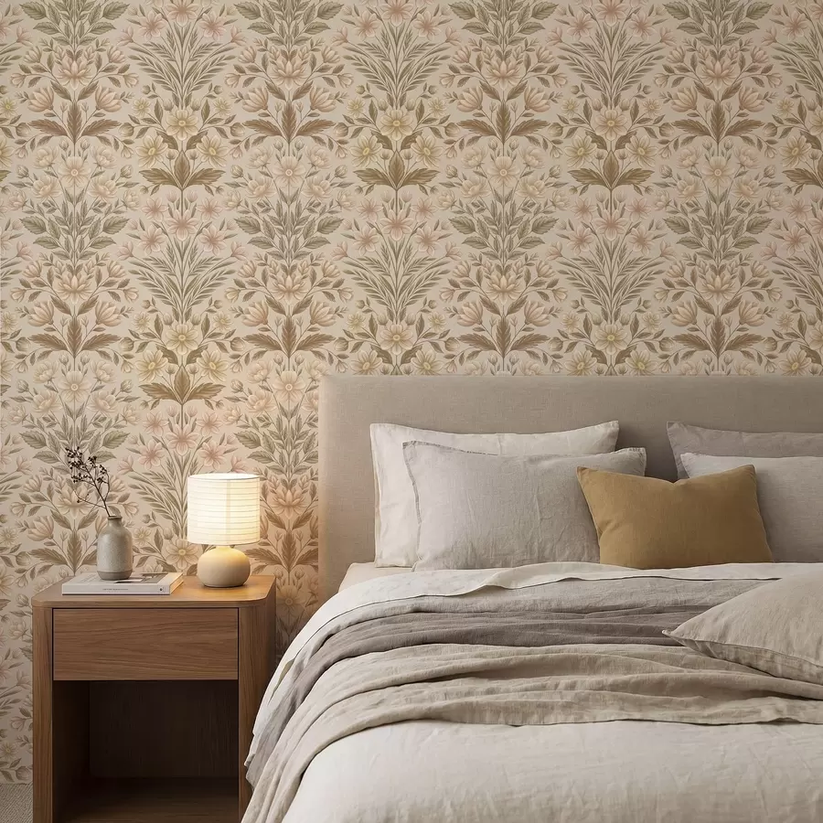 peintures murales Fleurs de pêcher et feuilles vert olive sur fond beige a01279v1