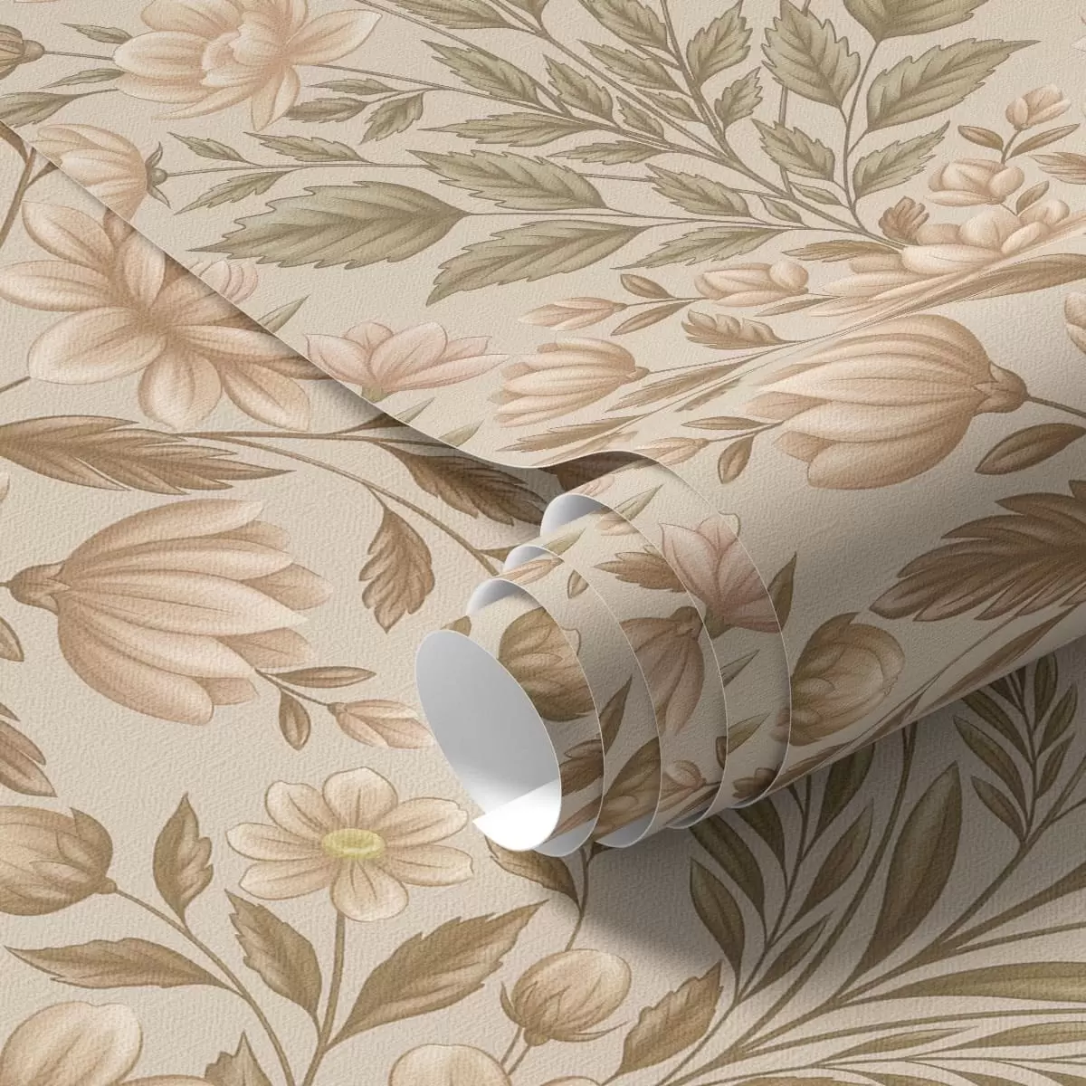 Wallpaper Peach flowers and olive green leaves on a beige background a01279v1