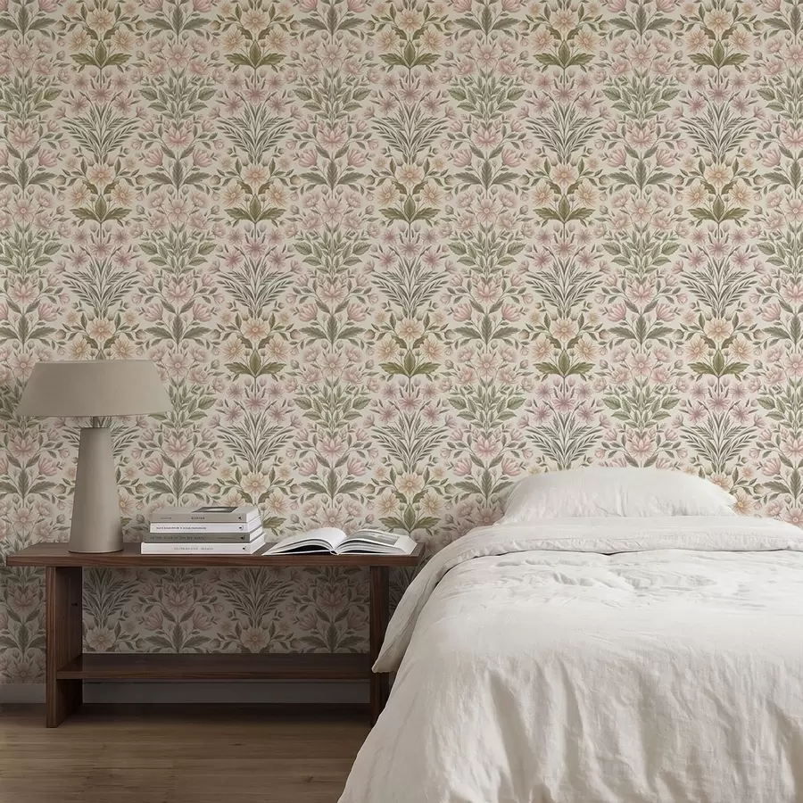 peintures murales Des fleurs rose pâle et des feuilles vert olive sur un fond clair a01279v2