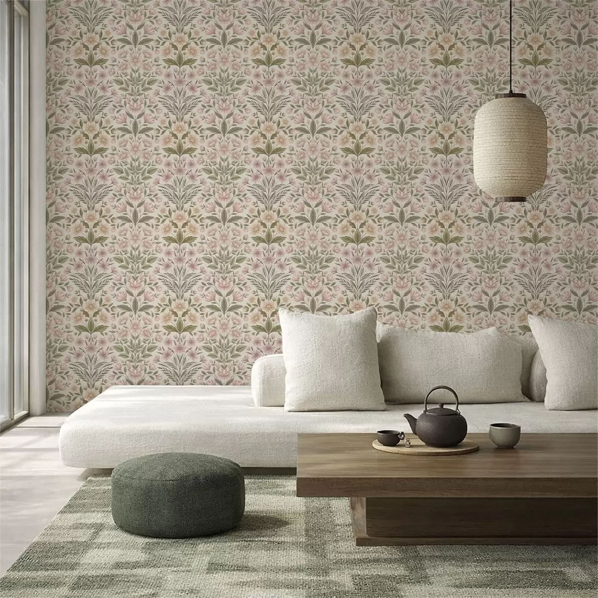 Wallpaper Soft pink flowers and olive green leaves on a light background a01279v2
