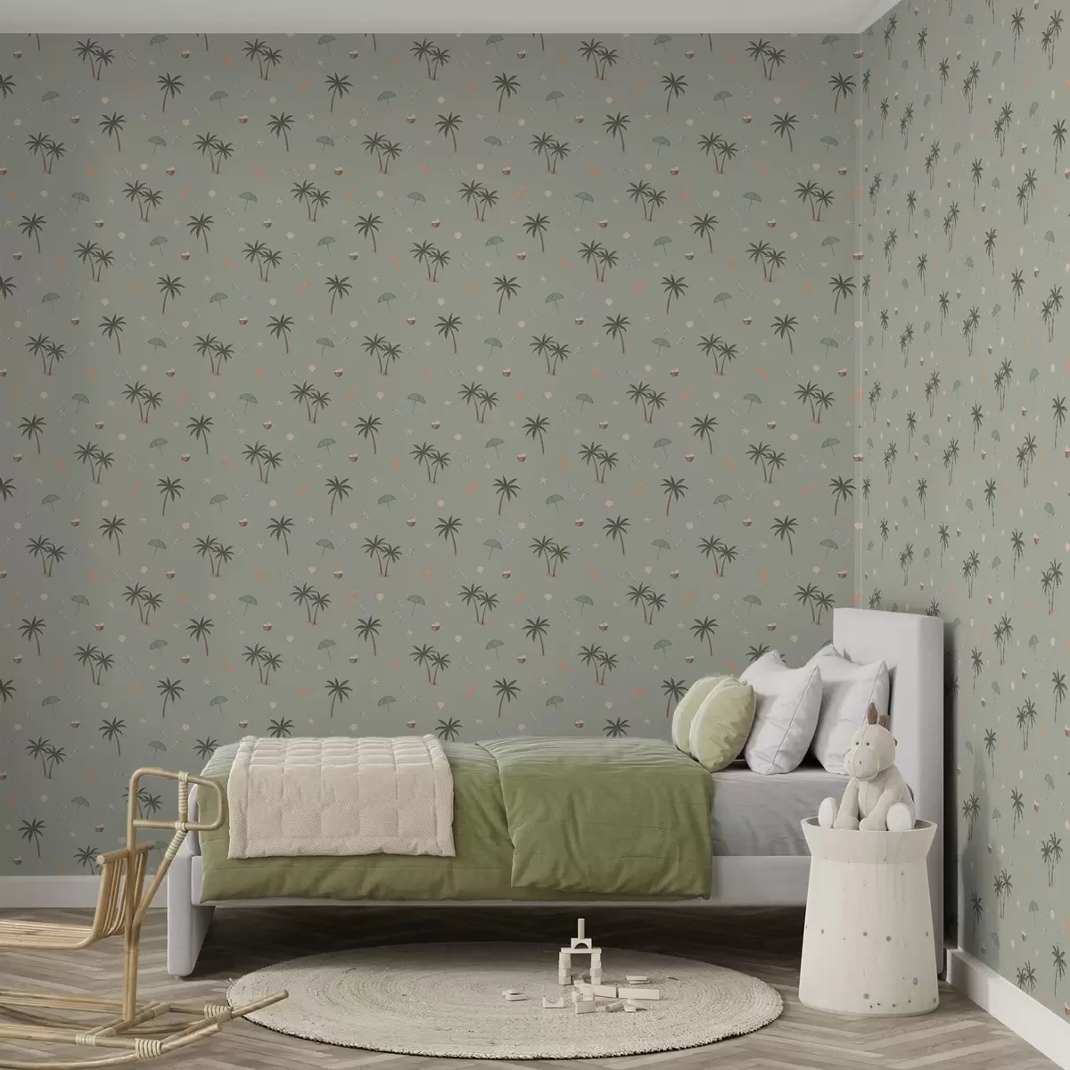 Wallpaper Tropical palms, birds and seashells on a sage green background a01280v1