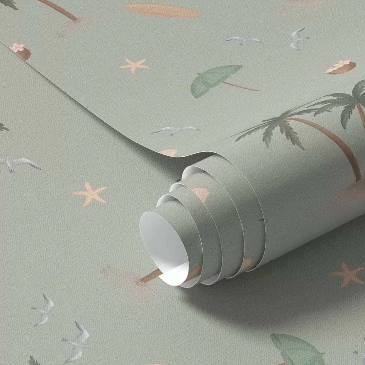 Wallpaper Tropical palms, birds and seashells on a sage green background a01280v1