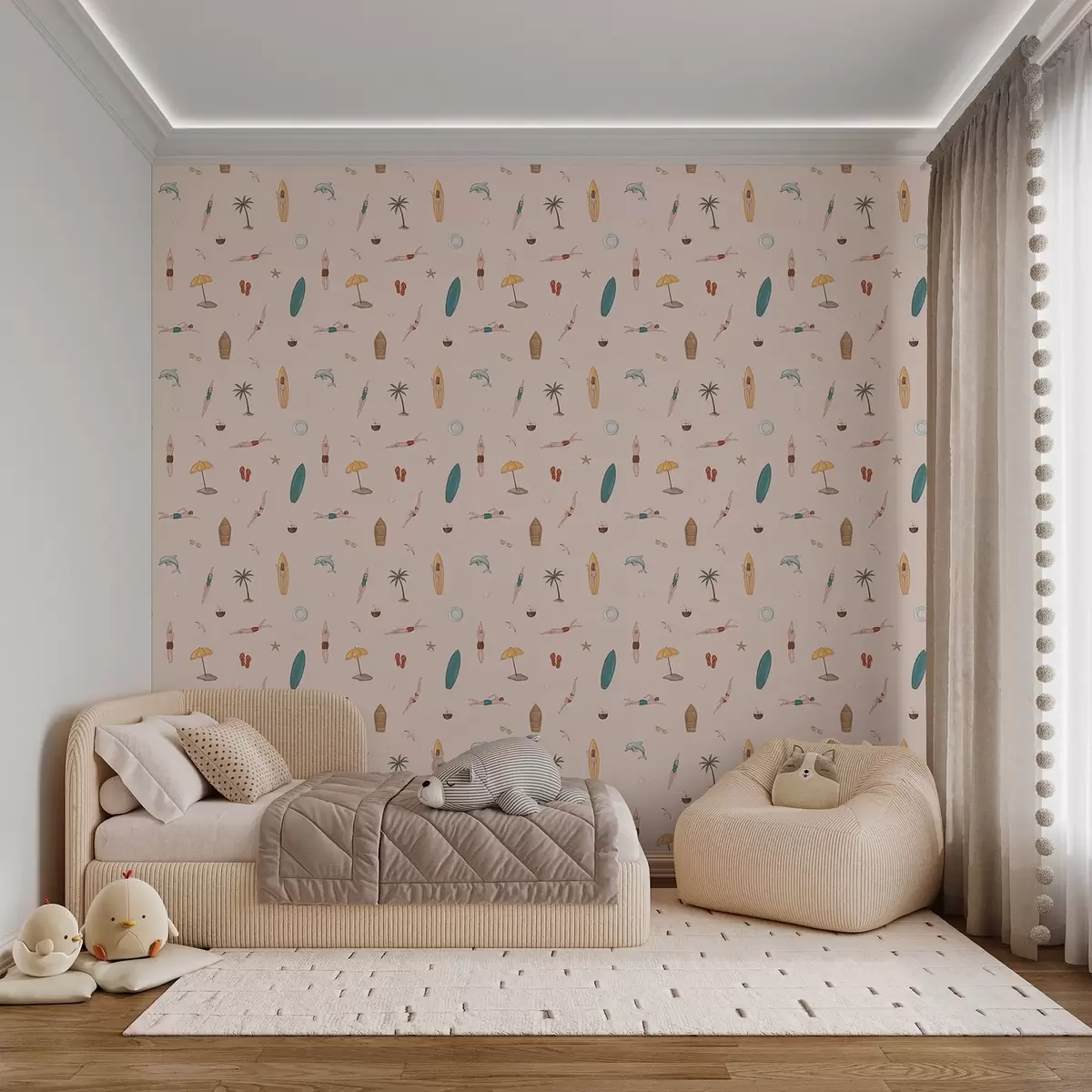 Wallpaper Swimmers, dolphin, palm tree and surfboard on a beige background a01275
