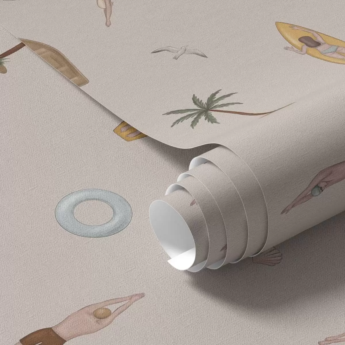 Wallpaper Swimmers, dolphin, palm tree and surfboard on a beige background a01275