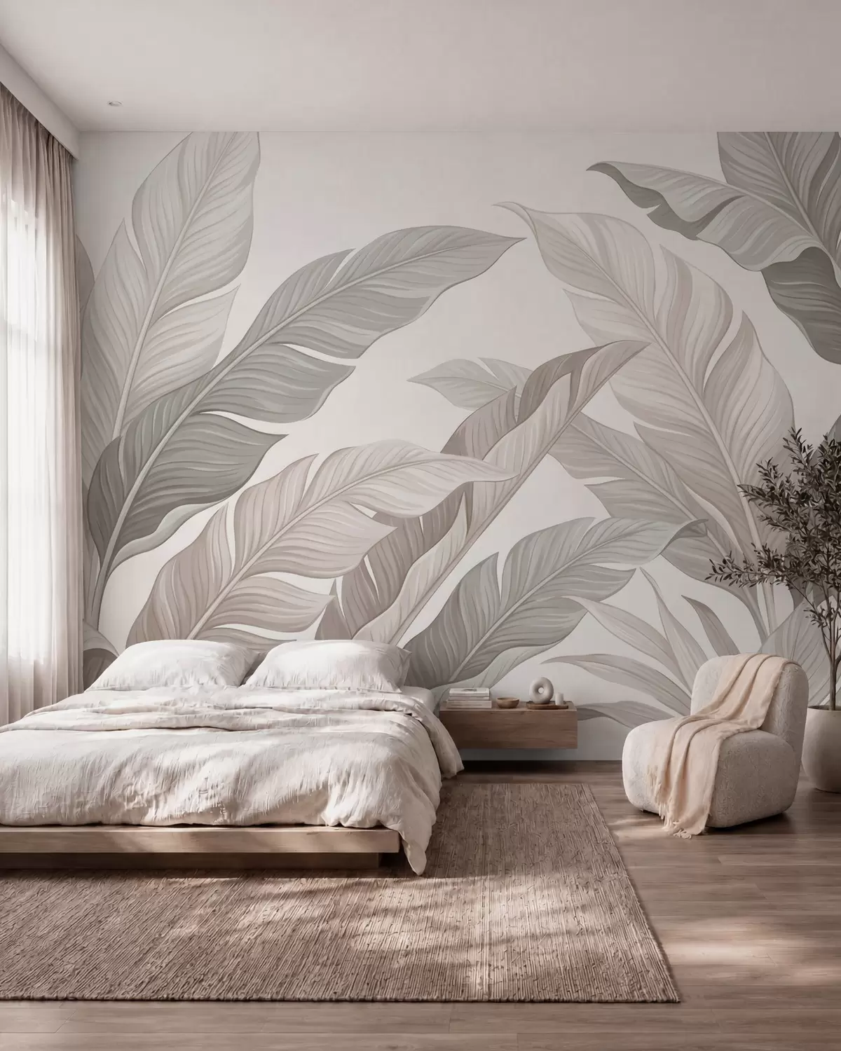 wall murals Delicate botanical leaves in natural beige and sage green tones w10089