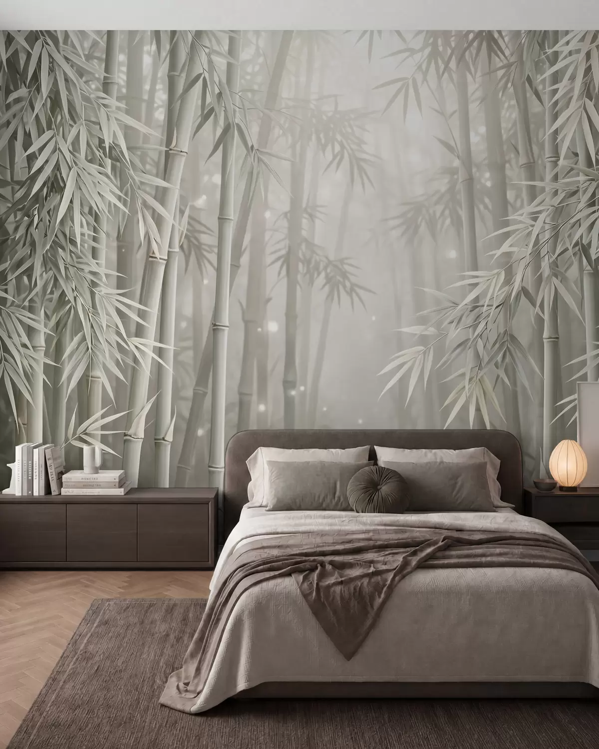 murales Un bosque de bambú místico envuelto en una suave niebla, con tonos oliva apagados y blanco lechoso w10090