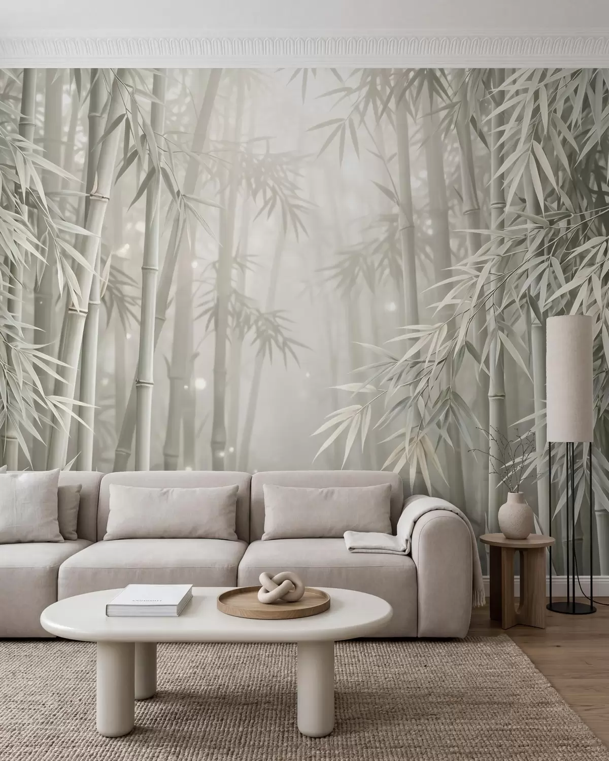 murales Un bosque de bambú místico envuelto en una suave niebla, con tonos oliva apagados y blanco lechoso w10090