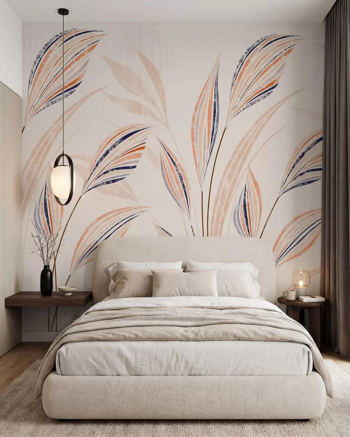 Wall Mural Photo Wallpaper Abstract decorative grasses with elegant elongated leaves in peach, cream and blue watercolor tones w10093