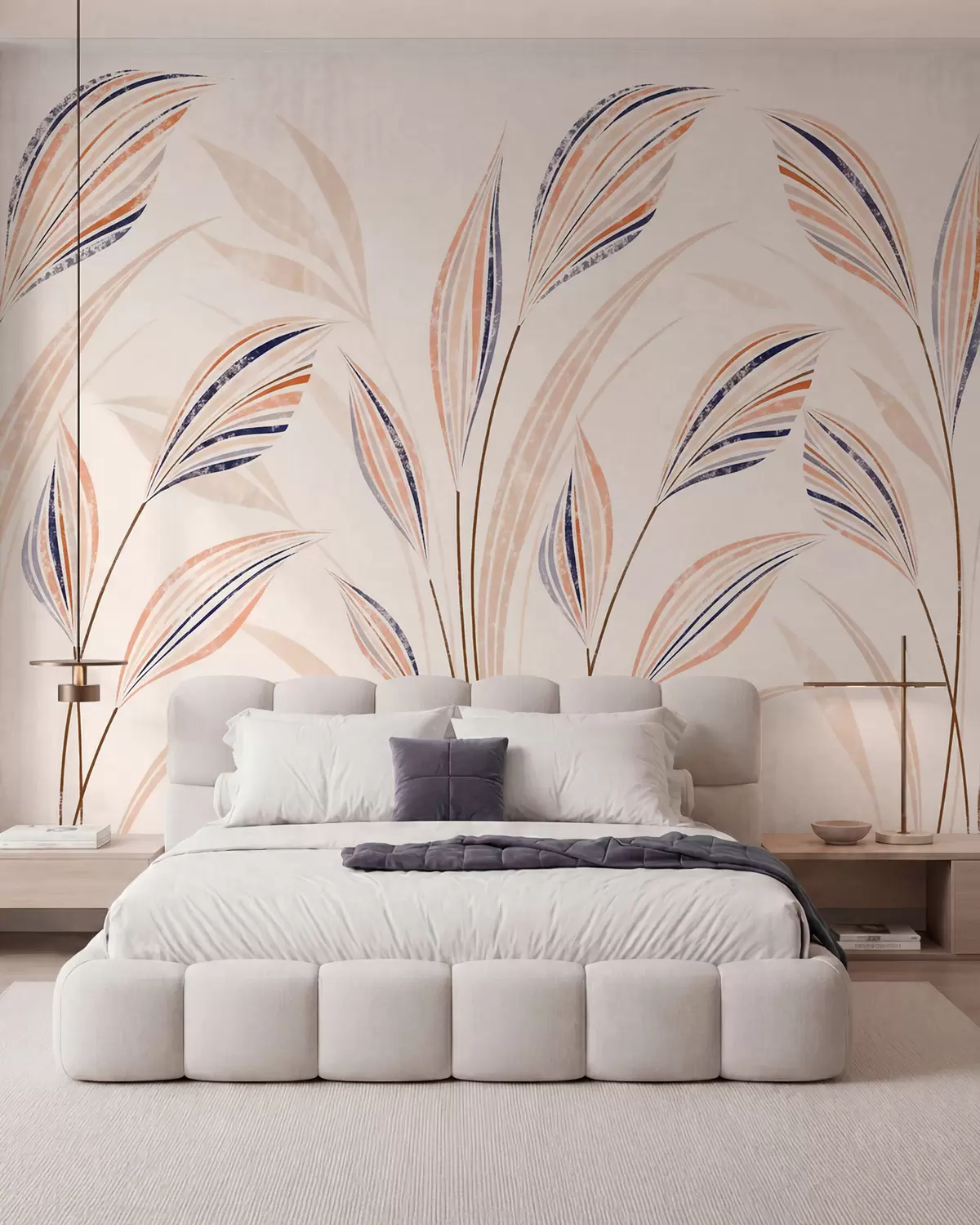 Wall Mural Photo Wallpaper Abstract decorative grasses with elegant elongated leaves in peach, cream and blue watercolor tones w10093
