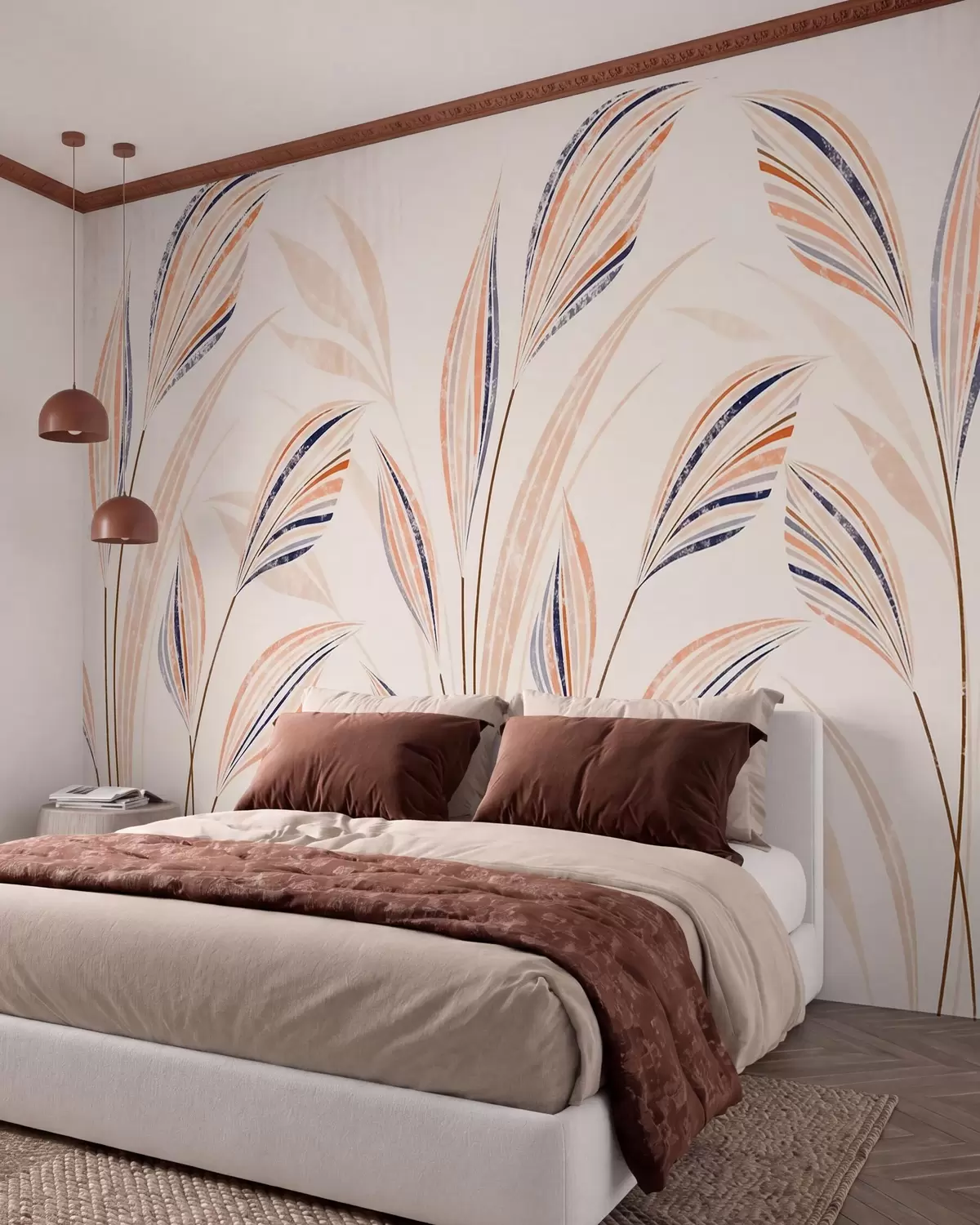 Wall Mural Photo Wallpaper Abstract decorative grasses with elegant elongated leaves in peach, cream and blue watercolor tones w10093