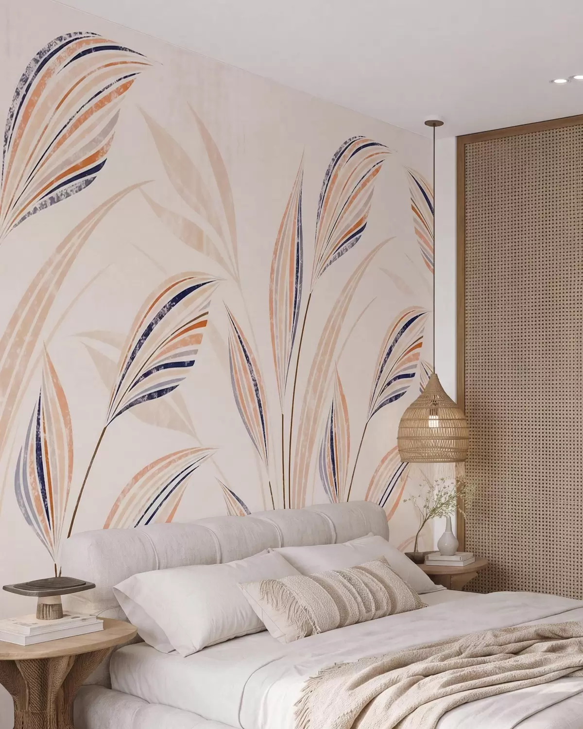 Wall Mural Photo Wallpaper Abstract decorative grasses with elegant elongated leaves in peach, cream and blue watercolor tones w10093