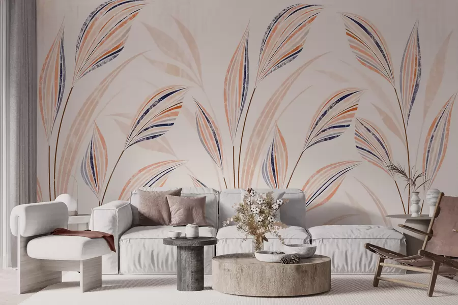 Wall Mural Photo Wallpaper Abstract decorative grasses with elegant elongated leaves in peach, cream and blue watercolor tones w10093