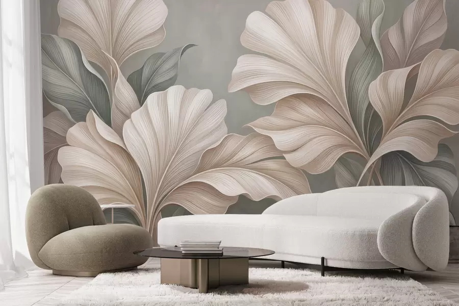 Wall Mural Photo Wallpaper Delicate botanical leaves in natural beige and sage green tones w10094